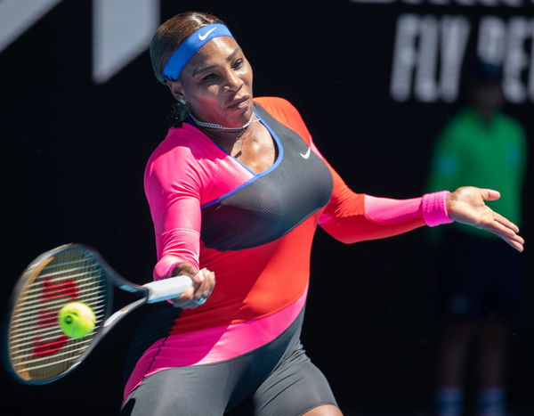 (210218) &#8212; MELBOURNE, Feb. 18, 2021 &#8212; Serena Williams of the United States hits a return during the women s singles se