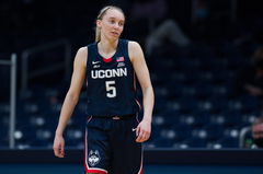 INDIANAPOLIS, IN &#8211; FEBRUARY 27: UConn Huskies guard Paige Bueckers (5) walks back onto the court during the women s coll