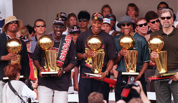 May 6, 2021: From left to right: Dennis Rodman, Michael Jordan, Scottie Pippen, Ron Harper and coach Phil Jackson hold