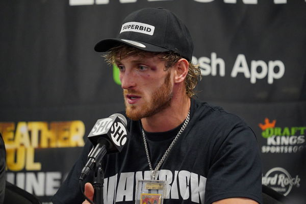 MIAMI, FL &#8211; JUNE 6: Logan Paul meets with the press following the Mayweather vs Paul: Bragging Rights boxing event on Ju