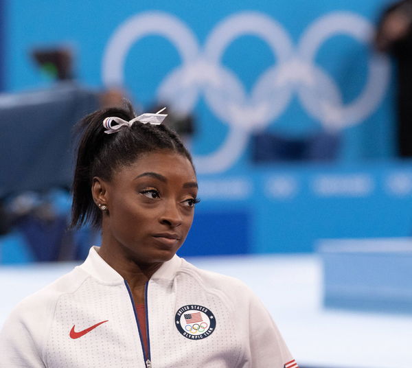 July 27, 2021, Tokyo, Kanto, Japan: Simone Biles of the United States, center, waits to compete in the Women s All Aroun