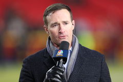 KANSAS CITY, MO &#8211; JANUARY 16: NBC Sports Drew Brees reports from the sidelines before an AFC wild card playoff game betw