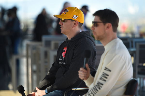 LOS ANGELES, CA – FEBRUARY 05: Kyle Busch ( 18 Joe Gibbs Racing M&M s Toyota) and Denny Hamlin ( 11 Joe Gibbs Racing Fed