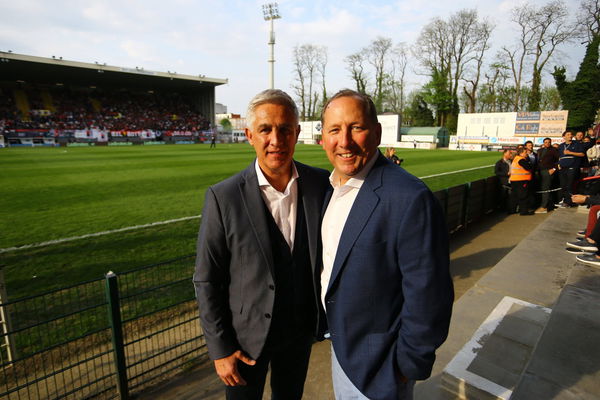 SINT-JANS-MOLENBEEK, BELGIUM &#8211; APRIL 23 : Thierry Dailly president of RWDM with John Textor during the Pro League relega