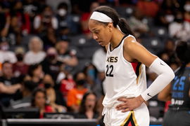 Atlanta, Georgia, May 13th 2022: Aja Wilson (22 Las Vegas Aces) prepares to take a free throw during the Womens National