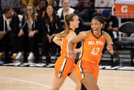 WNBA, Basketball Damen, USA All-Star Game Aja Wilson laughs after almost missing a layup during the WNBA All-Star Game a