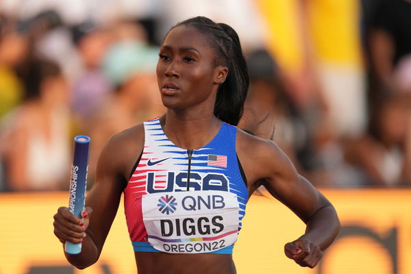 (220725) &#8212; EUGENE, July 25, 2022 &#8212; Talitha Diggs of team USA sprints during the women s 4x400m relay final at the Worl