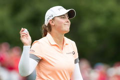 August 26, 2022: Jennifer Kupcho of the United States salutes the gallery at the 18th green finishing the second round o