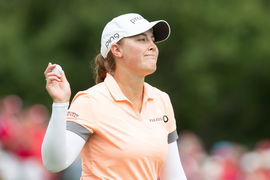August 26, 2022: Jennifer Kupcho of the United States salutes the gallery at the 18th green finishing the second round o