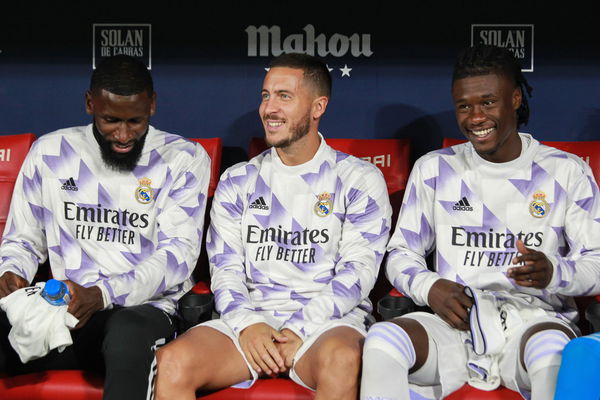 September 18, 2022, MADRID, MADRID, SPAIN: Antonio Rudiger, Eden Hazard and Eduardo Camavinga of Real Madrid look on dur