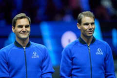 Tennis: Laver Cup, Sep 23, 2022; London, United Kingdom; Roger Federer (SUI) and Rafael Nadal (ESP) of Team Europe on co