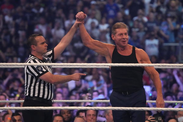 Wrestling: WWE-Wrestlemania, Apr 3, 2022; Arlington, TX, USA; WWE owner Vince McMahon celebrates during WrestleMania at