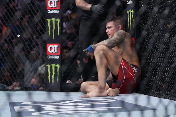 MMA: UFC 269-Oliveira vs Poirier, Dec 11, 2021; Las Vegas, Nevada, USA; Dustin Poirier reacts following his loss by subm