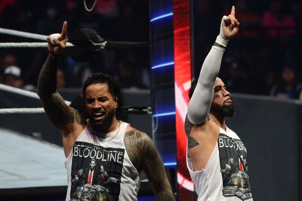 Wrestling: WWE Survivor Series, Nov 21, 2021; Brooklyn, NY, USA; The Usos react during WWE Survivor Series at Barclays C