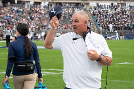 NCAA, College League, USA Football: Yale at Connecticut, Oct 16, 2021; East Hartford, Connecticut, USA; Yale Bulldogs he