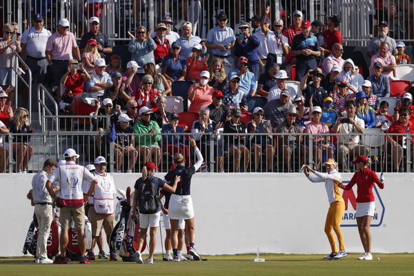 LPGA, Golf Damen Solheim Cup &#8211; Practice Rounds, Sep 3, 2021; Toledo, Ohio, USA; Jessica Korda of Team USA (arm raised) S