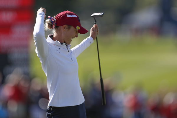 LPGA, Golf Damen Solheim Cup &#8211; Second Day &#8211; Foursomes, Sep 5, 2021; Toledo, Ohio, USA; Nelly Korda of Team USA celebrate