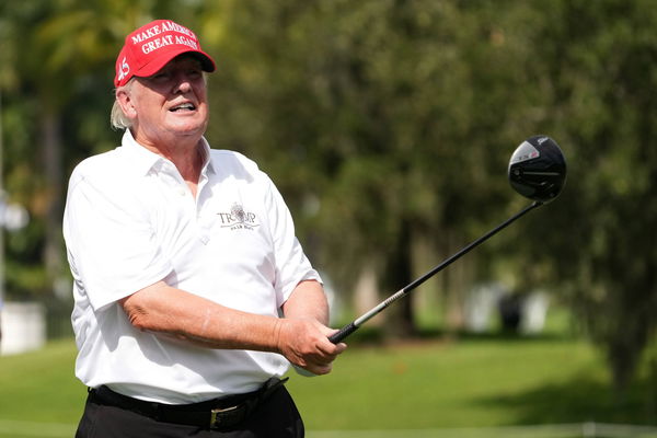 Golf: LIV Golf &#8211; ProAm Oct 27, 2022; Miami, Florida, USA; Former President Donald Trump plays his tee shot on the 10th h