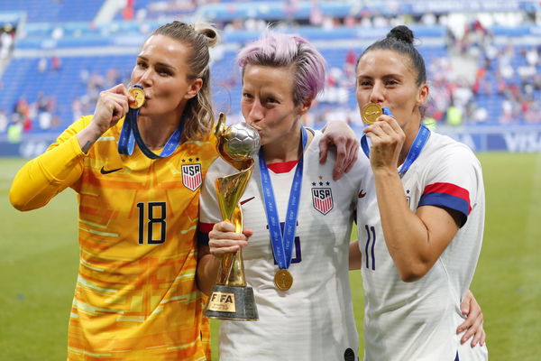 Soccer: Womens World Cup-USA vs Netherlands, Jul 7, 2019; Lyon, FRANCE; United States players Ashlyn Harris (18) , Megan