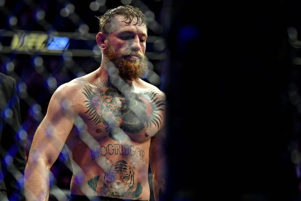 MMA: UFC 229-Nurmagomedov vs McGregor, Oct 6, 2018; Las Vegas, NV, USA; Conor McGregor (blue gloves) reacts after his fi