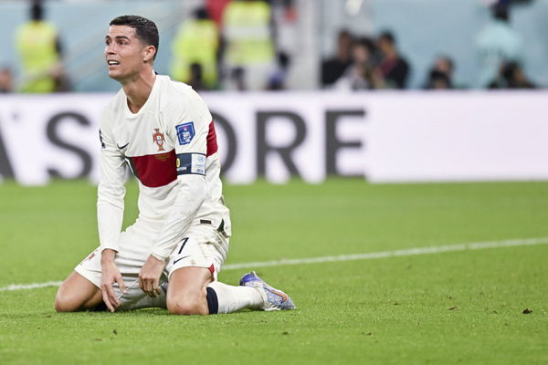 (221210) &#8212; DOHA, Dec. 10, 2022 &#8212; Cristiano Ronaldo of Portugal reacts during the Quarterfinal between Morocco and Port