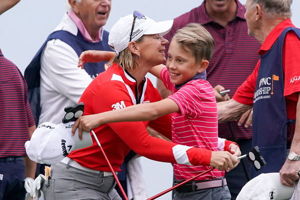 December 17, 2022, Orlancdo, Florida, USA: Annika Sorenstam (L) hugs her son Will McGee on the 18th green after the firs