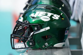 MIAMI GARDENS, FL – JANUARY 08: New York Jets helmets rests on the team bench during the game between the New York Jets
