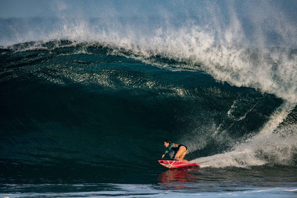 Surfing Puerto Escondido Summer 2020 Zicatela Beach Mexico US big wave surfer Bianca Valenti rides a wave at Puerto Esco