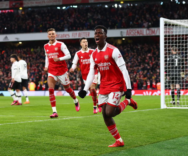 London, England, 15th January 2023. Eddie Nketiah of Arsenal celebrates scoring his sides opening goal during the Premie