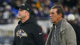 January 20, 2023: Baltimore Ravens head coach John Harbaugh, left, and owner Steve Bisciotti watch warm-ups before the f