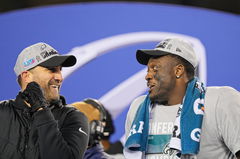 PHILADELPHIA, PA &#8211; JANUARY 29: Philadelphia Eagles head coach Nick Sirianni has a laugh with Philadelphia Eagles wide re