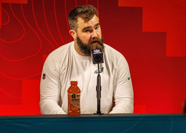 GLENDALE, AZ &#8211; FEBRUARY 12: Philadelphia Eagles center Jason Kelce (62) speaks in a post-game interview after Super Bowl