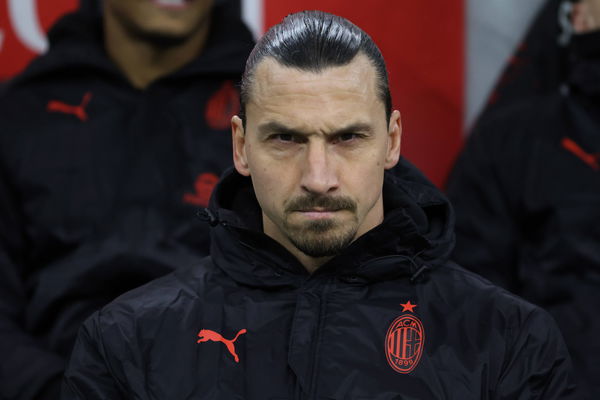 Milan, Italy, 26th February 2023. Zlatan Ibrahimovic of AC Milan scowls as he looks on from the bench prior to kick off