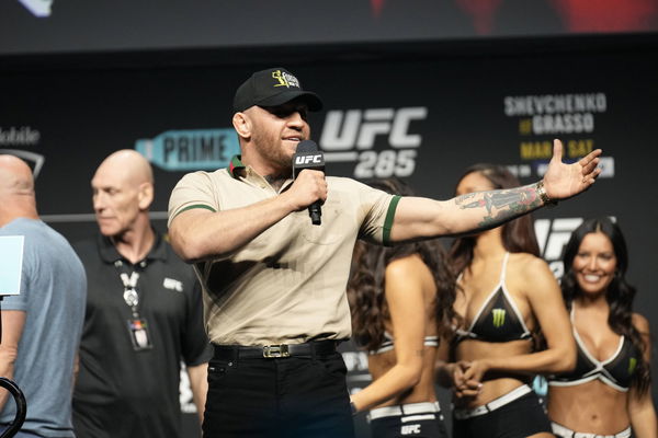 LAS VEGAS, NV &#8211; March 3: Conor McGregor speaks with the fans following the face-off at the ceremonial weigh-ins at MGM G