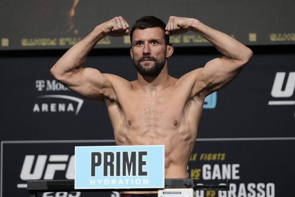 LAS VEGAS, NV &#8211; March 3: Mateusz Gamrot on the scale for the official weigh-ins at UFC Apex for UFC 285 -Jones vs Gane :