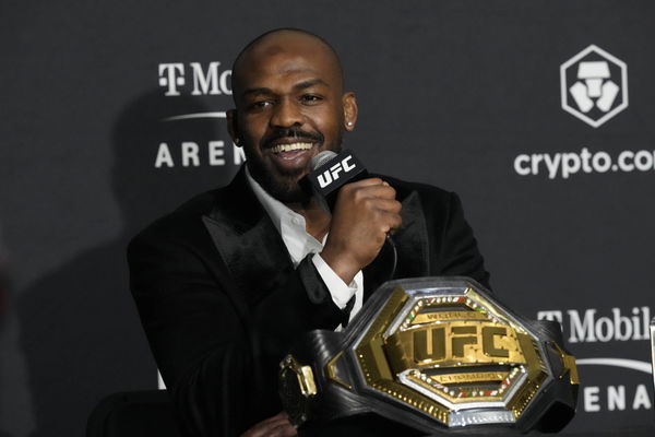 LAS VEGAS, NV &#8211; March 5: Jon Jones meets with the media following his win over Cyril Gane at T-Mobile Arena for UFC 285