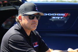 GAINESVILLE, FL &#8211; MARCH 11: Tony Stewart ( 314 MOBIL Top Alcohol Dragster) talks with reporters during qualfying for the