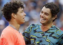 March 11, 2023 Ben Shelton congratulates Taylor Fritz after their match during the 2023 BNP Paribas Open at Indian Wells
