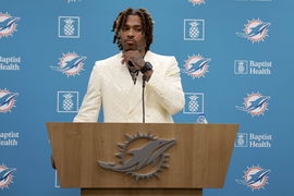 March 16, 2023: New Miami Dolphins cornerback Jalen Ramsey answers questions from the media at the Baptist Health Traini