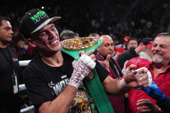 Boxing: Benavidez vs Plant Mar 25, 2023; Las Vegas, Nevada, USA; David Benavidez celebrates after defeating Caleb Plant