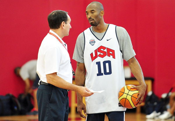 Basketball: USA Team Training July 11, 2012; Las Vegas, NV, USA; Team USA head coach Mike Krzyzewski (left) speaks with