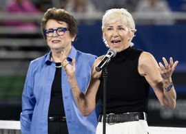 Tennis: Billie Jean King Cup-Austria at USA Apr 14, 2023; Delray Beach, FL, USA; Billie Jean King presents the ITF Excel