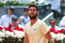 May 3, 2023, MADRID, MADRID, SPAIN: Karen Khachanov of Russia looks on against Carlos Alcaraz of Spain during the Mutua