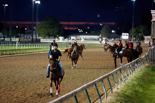 Horse Racing: 149th Kentucky Derby May 6, 2023; Louisville, KY, USA; Warm up riders work horses at Churchill Downs befor