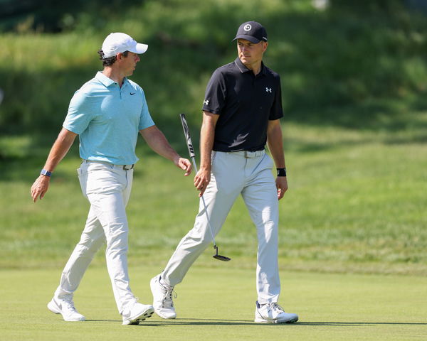 June 1, 2023, Dublin, Ohio, USA: RORY MCLLROY and JORDAN SPIETH have a conversation at they approach the 14th green at t