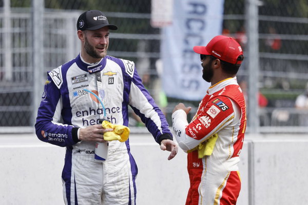 CHICAGO, IL – JULY 01: Shane van Gisbergen ( 91 Trackhouse Racing Enhance Health Chevrolet) talks with Bubba Wallace ( 2