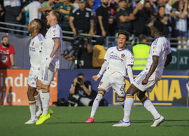 July 4, 2023, Pasadena, California, USA: Riqui Puig 6 of the LA Galaxy celebrates a goal by Tyler Boyd 11 during their r