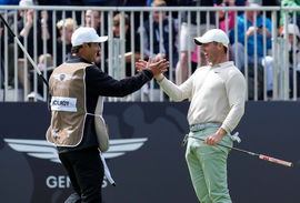 Mandatory Credit: Photo by Stuart Wallace/Shutterstock (14003901as) Rory McIlroy (NIR) celebrates with his caddie Harry