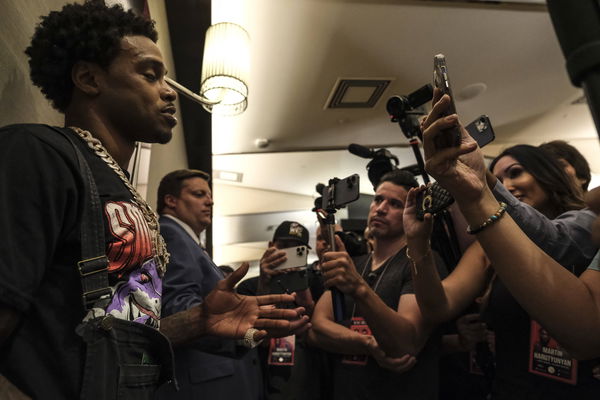 July 28, 2023, Las Vegas, Nevada, USA: Unified welterweight champion Errol Spence Jr. addresses the media between fights