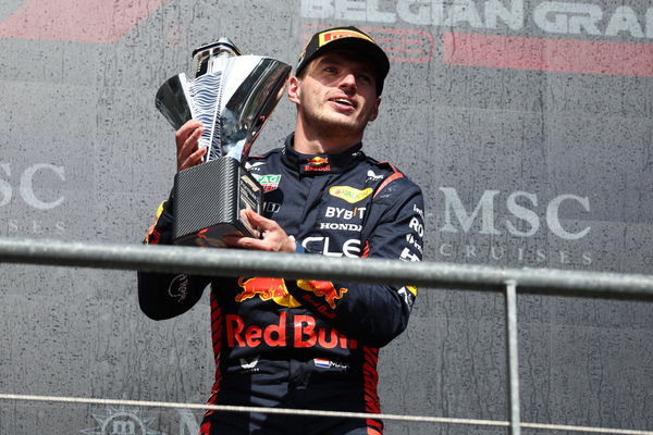 F1 Gran Prix of Belgium Max Verstappen of Red Bull Racing celebrates on the podium at the end of the F1 Grand Prix of Be